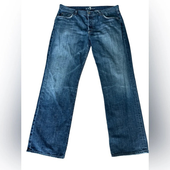 Men’s 7 for all Mankind Relaxed Straight Distressed Dark Wash Blue Jeans Size 38 - Picture 1 of 5